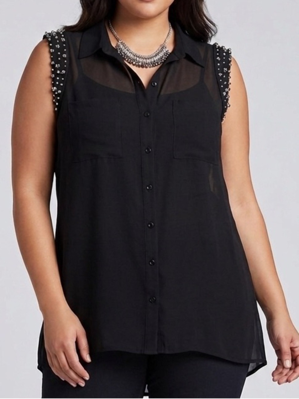 FREDERICKS OF HOLLYWOOD Black Sheer Beaded Crystal Sleeveless Top Large